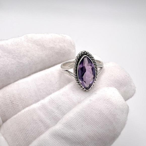 Genuine Faceted Marquise Amethyst .925 Sterling Silver Ring - Picture 5 of 17